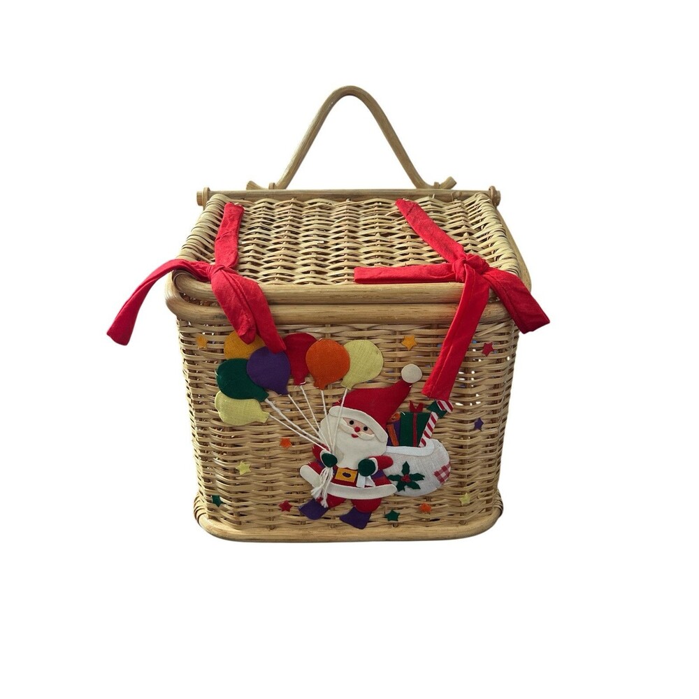 Vtg Santa Wicker Basket Unisex OS Tan Holiday Applique Balloons